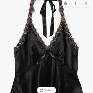Reformation Black Satin Lace Halter Top